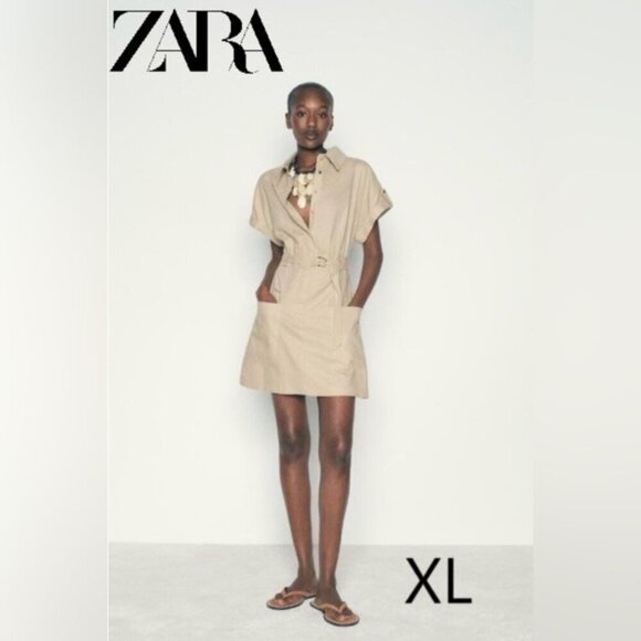 Zara - Women's Linen Blend Mini Shirt Dress - Light Beige. Size: XL. NWT. (1718) - Picture 1 of 16